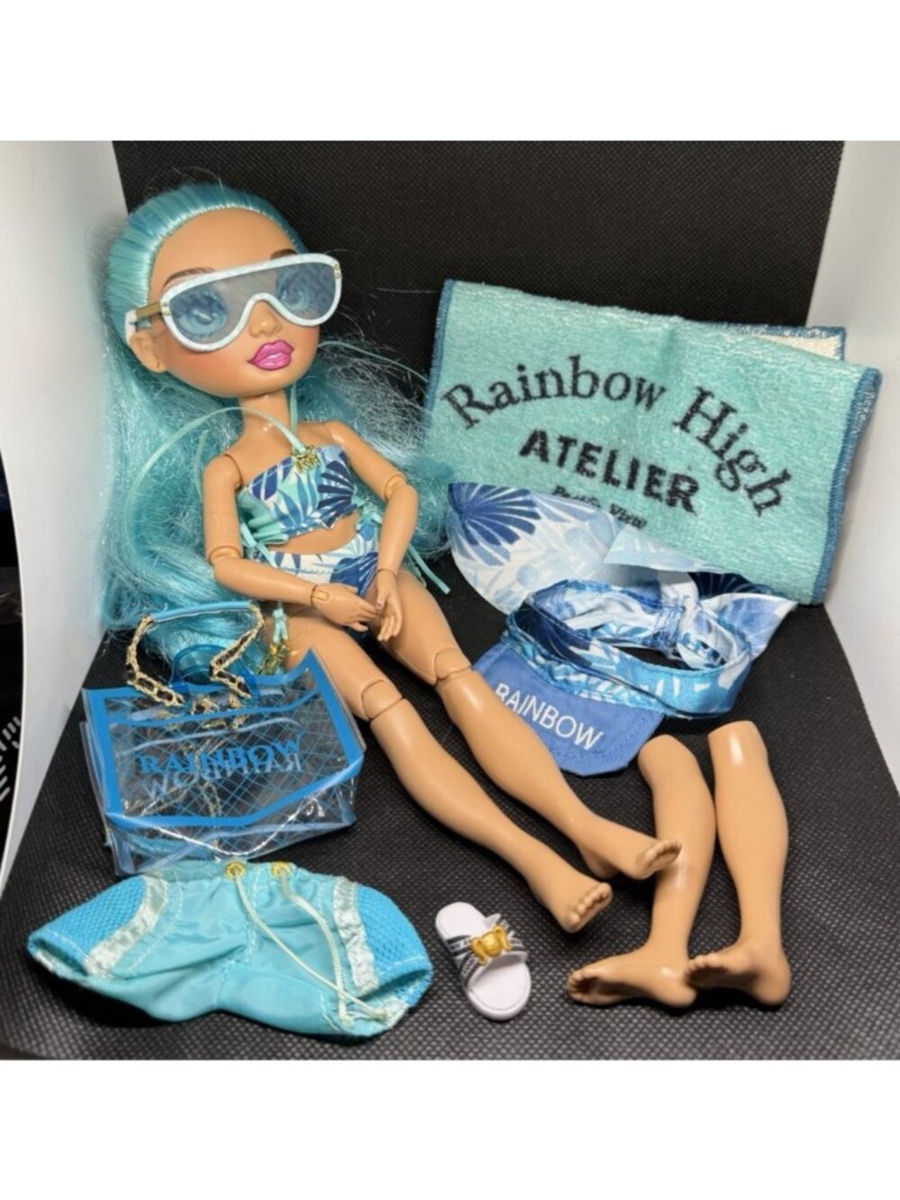 Rainbow High Pacific Coast Hali Capri Outfit Lot Swimsuit Shorts Visor Purse Lot